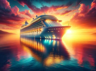 cruise ship sailing on calm waters during a picturesque sunset has been created. It features vibrant hues of orange and pink reflecting off the ocean's surface, with the ship elegantly lit up, creating a serene and inviting atmosphere