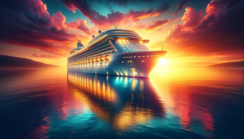 cruise ship sailing on calm waters during a picturesque sunset has been created. It features vibrant hues of orange and pink reflecting off the ocean's surface, with the ship elegantly lit up, creating a serene and inviting atmosphere