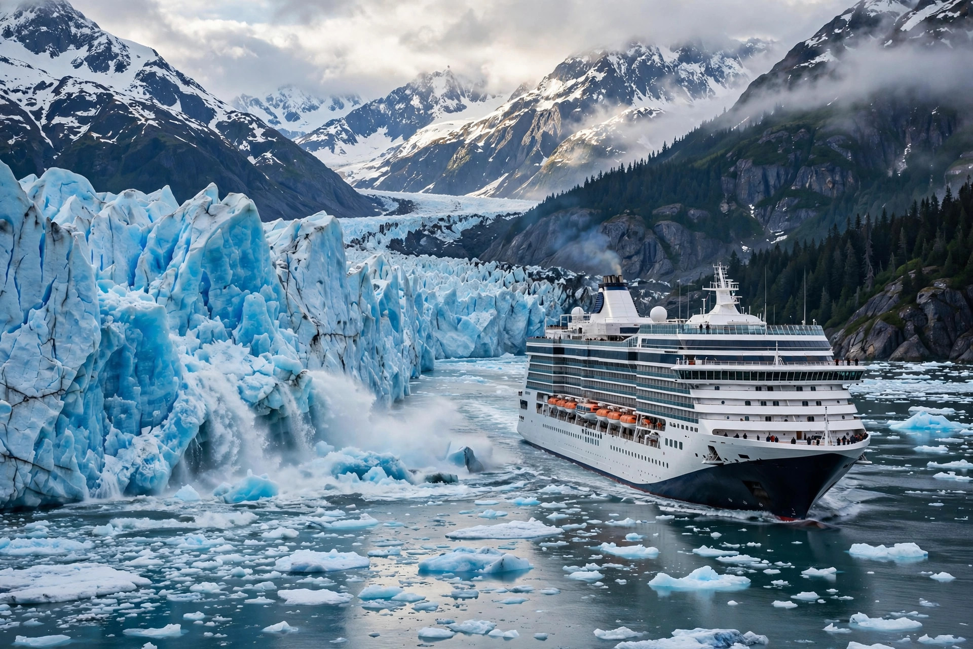 Gletser biru raksasa yang runtuh ke air di Glacier Bay Alaska
