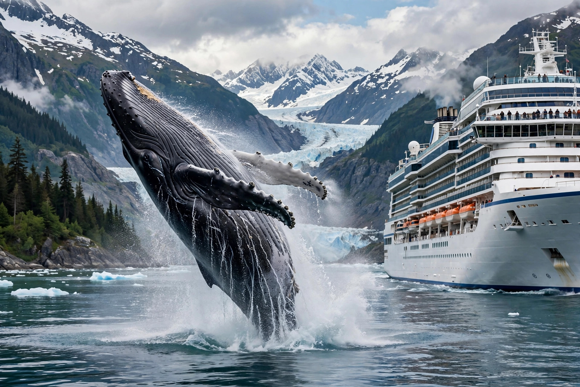 Paus bungkuk melompat di dekat kapal pesiar di perairan Alaska