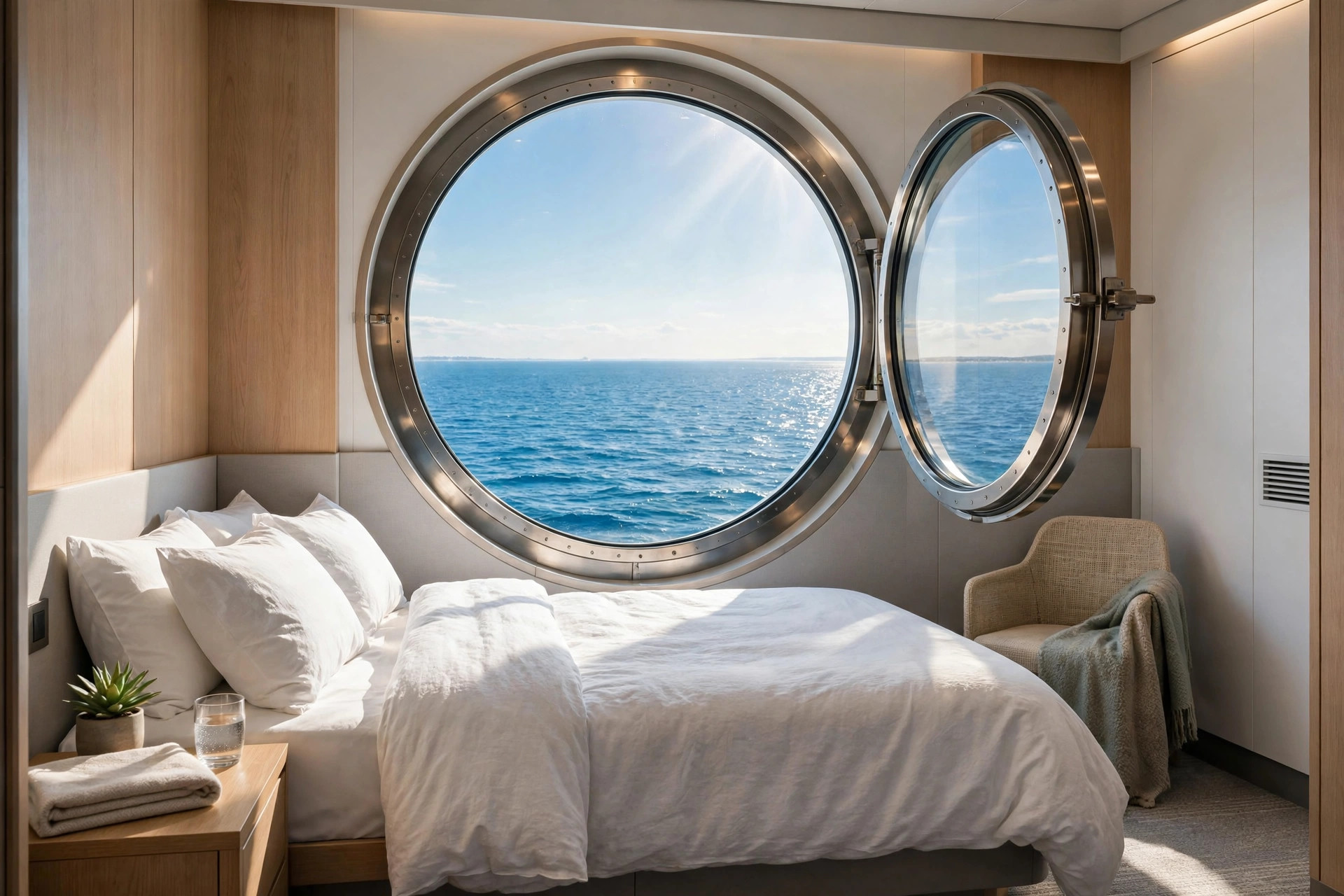 Kabin oceanview kapal pesiar yang terang dengan jendela panorama menghadap laut