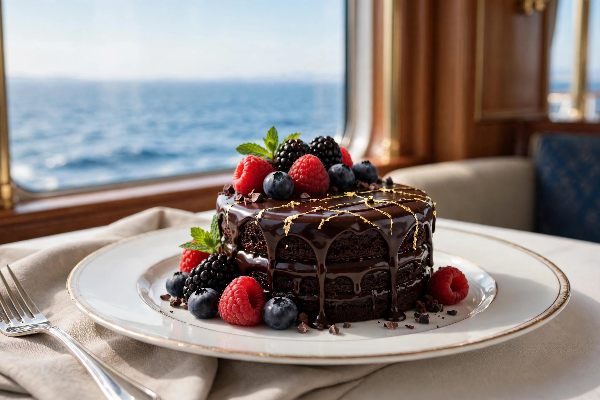 Dessert elegan yang disajikan di ruang makan utama kapal pesiar