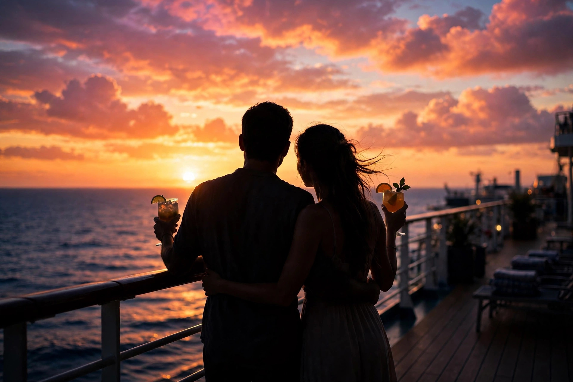 Koktail disajikan di tepi kolam dek kapal pesiar saat golden hour